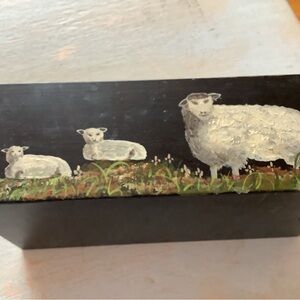 💟Primitive sheep painting on sturdy black metal box..no lid..
